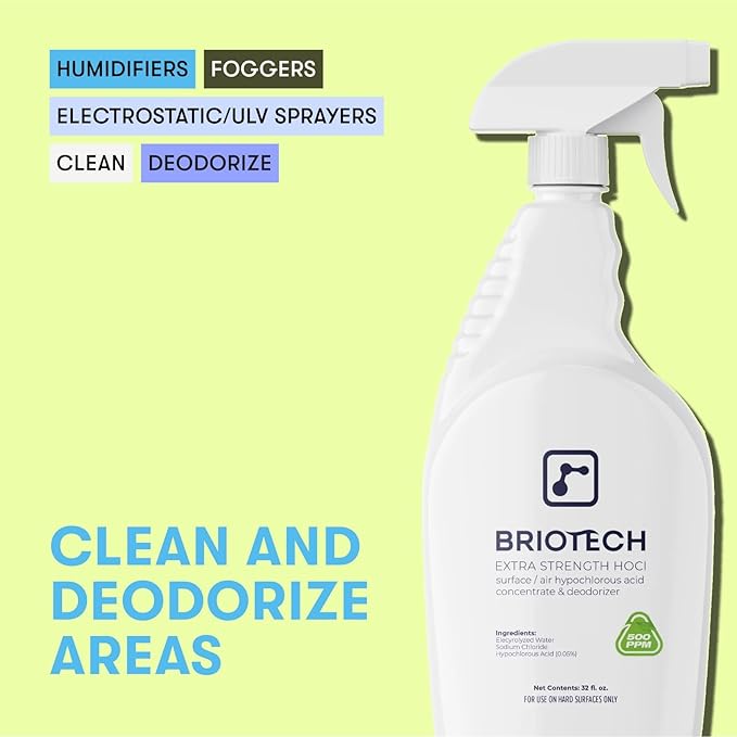 BRIOTECH Extra Strength HOCl Cleaner, 500 PPM Hypochlorous Acid Concentrate, ULV Foggers & Humidifiers, Professional Deodorizer for Dental, Offices, Schools, Homes, Peroxide Free, 1 Gallon