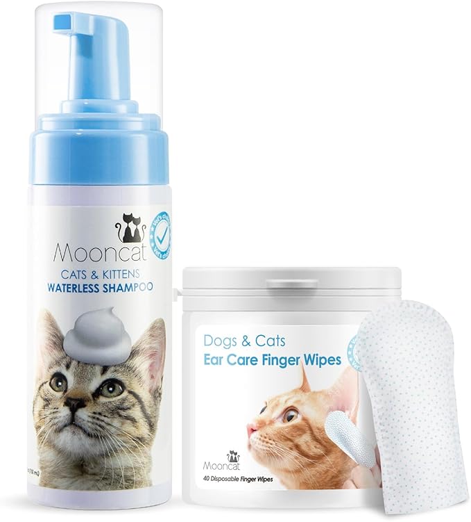 Mooncat Waterless Cat Grooming Bundle β No Rinse Foam Shampoo (5oz) + Cat Ear Cleaning Finger Wipes (40ct) | Licking Safe, pH Balanced, Dry Bath for Sensitive Cats, Removes Ear Wax & Dirt, Daily Pet H