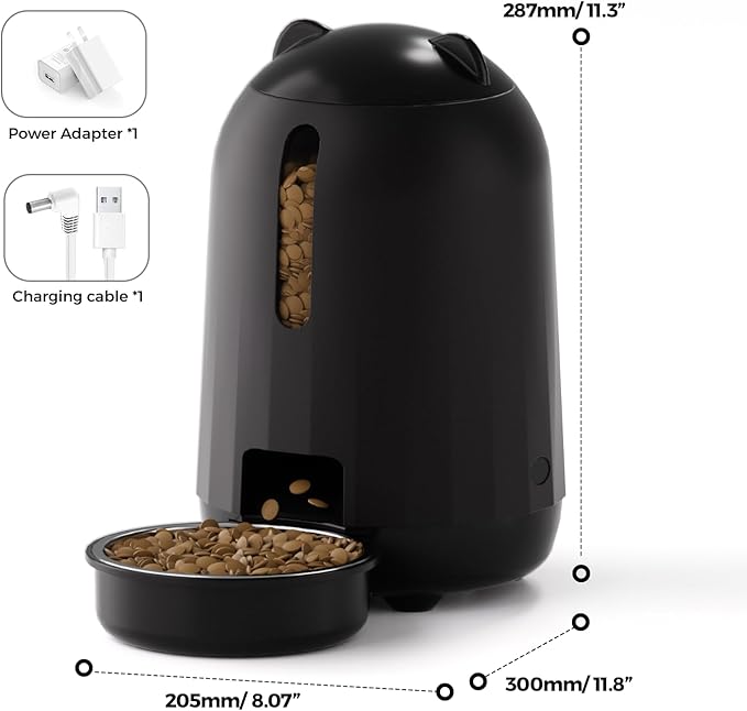 PAPIFEED Automatic Cat Feeder, 3L Timed Cats Food Dispenser with Dual Power Supply, Auto Pet Feeder with Programmable Portion Control for Cats and Small Dogs, Black