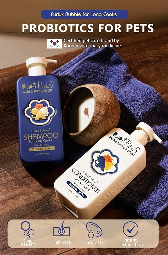 Unipaws Biotin Shampoo & Conditioner Set for Long-Haired Dog β Detangling, Deshedding, Thicking Hair for Senzitive Skin Healthy, Lustrous Fur β Medicated & EWG Green, Made in Korea, 2Γ16.9 Fl Oz