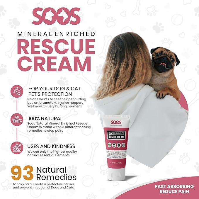 Soos Pets Pet Rescue Cream for Dogs and Cats | Natural Dead Sea Mineral Enriched | Fast Absorbing Reduce Pain | Topical Treatment of Injuries Cuts Sores Wounds Scratches Damaged Skin - 50ml