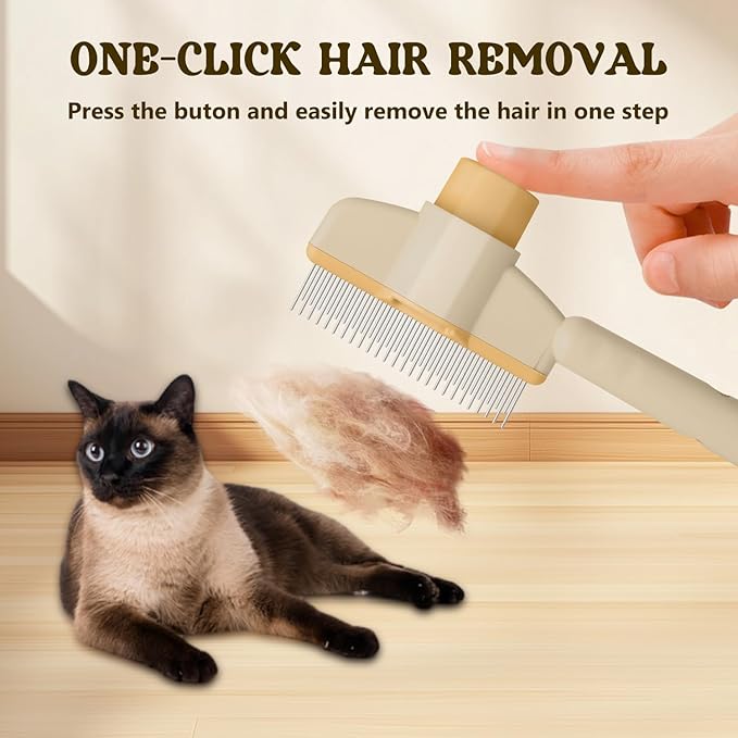 Pet Hair Removal Comb Flea Comb, 2025 New Cat Grooming Brush with Release Button, De-Shedding Cat Brush for Short and Long Hair Cats (Yellow)