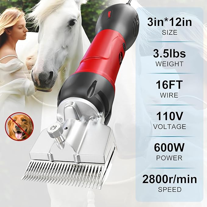 Horse Clippers,600W Professional Electric Horse Grooming Kit, Shaving Equine Clippers for Horses Goat Cattle Large Thick Coat Animals,6 Speeds Heavy Duty Farm Livestock Haircut Trimmer