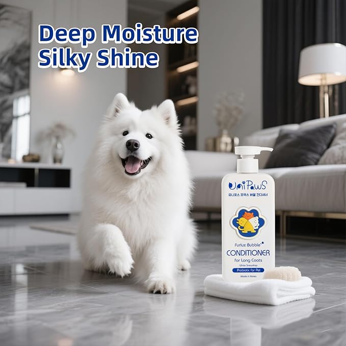 Unipaws Biotin Long-Haired Dog Conditioner β Volumizing, Anti-Shedding, Detangling & Softening for Glossy, Show-Ready Coats with Hibiscus β EWG Green & Medicated, Made in Korea, 16.9 Fl Oz / 500ml