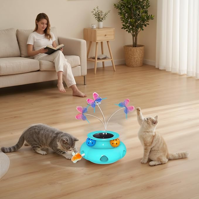 Interactive Cat Toys for Indoor Cats, 3in1 Pet Teaser Toy with Ambush Feather Wand, Fluttering Butterfly and Track Balls, Touch Activated Automatic Kitten Rechargeable Toys