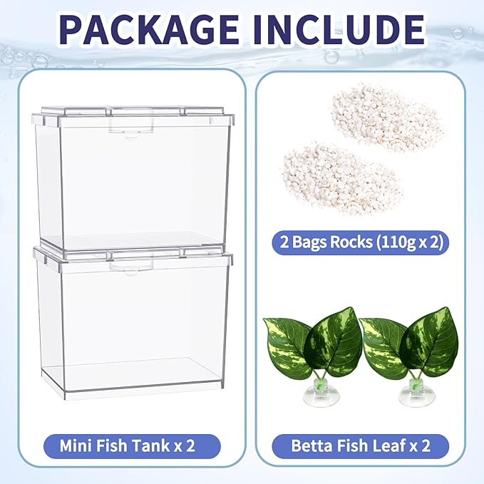 Mini Betta Fish Tank, Small Fish Bowl for Temporary Space, 0.2 Gallon Stackable Cube Tank with Betta Leaf and Gravels for Small Fish, Insect, Shrimp, Crab, Spider.(Pack-2)