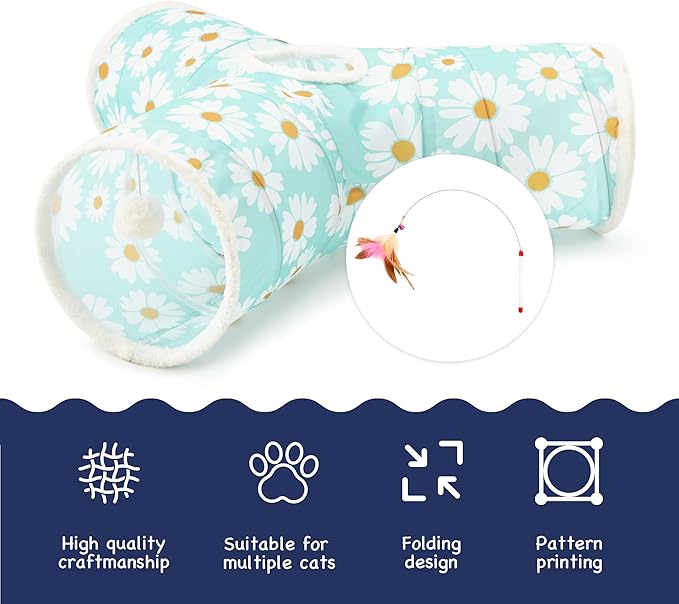 Tempcore Pet Cat Tunnel Tube Cat Toys 3 Way Collapsible, Cat Tunnels for Indoor Cats,Kitty Tunnel Bored Pet Toys Peek Hole Toy Ball, Puppy, Kitty, Kitten, Rabbit Daisy Blue Printed
