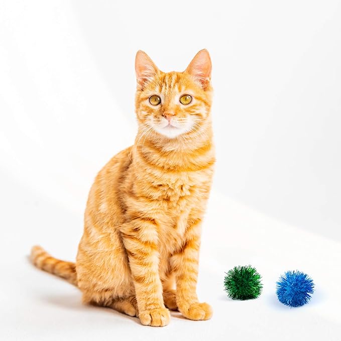 AUEAR, 12 Pack 2 Inch Sparkle Ball Shiny Glitter Tinsel Pom Poms Interactive Cat Balls for Kittens (6 Colors)