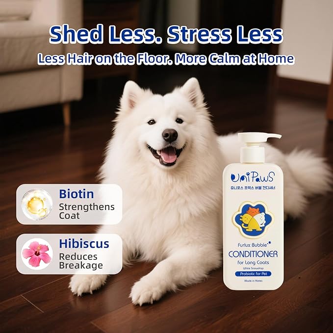 Unipaws Biotin Long-Haired Dog Conditioner β Volumizing, Anti-Shedding, Detangling & Softening for Glossy, Show-Ready Coats with Hibiscus β EWG Green & Medicated, Made in Korea, 16.9 Fl Oz / 500ml