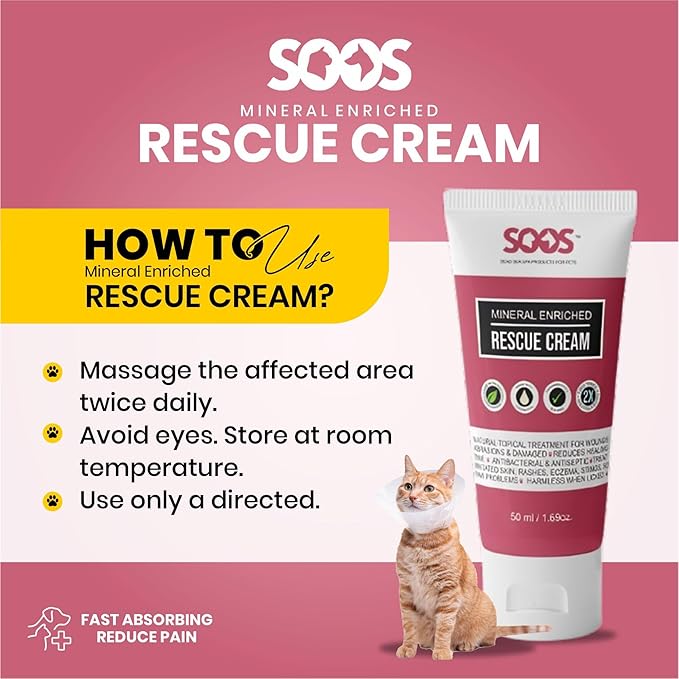Soos Pets Pet Rescue Cream for Dogs and Cats | Natural Dead Sea Mineral Enriched | Fast Absorbing Reduce Pain | Topical Treatment of Injuries Cuts Sores Wounds Scratches Damaged Skin - 50ml