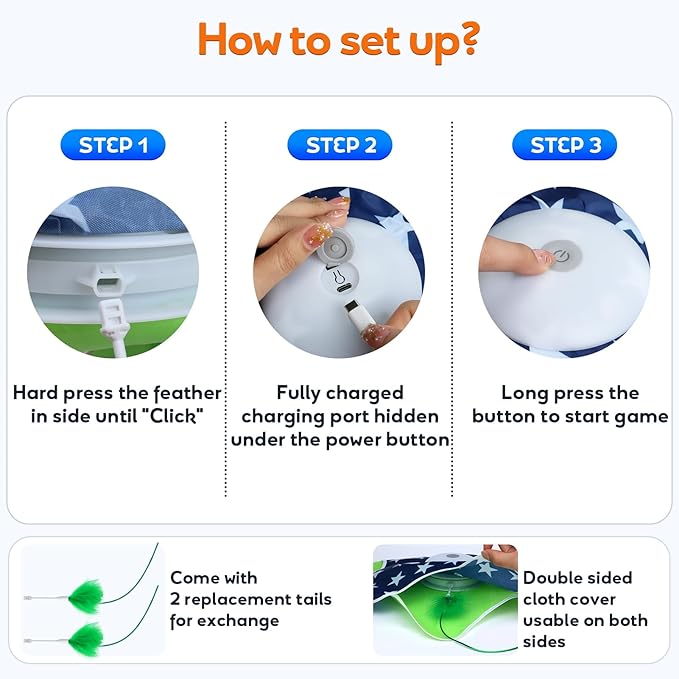 Interactive Cat Toys Auto Moving Feather Concealed in Mat,Motion Activated Cat Toys with Mouse Squeaky, Cat Exercise Toys for Bored Cats