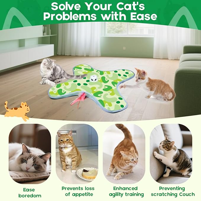 VIWIK Interactive Cat Toys for Indoor Cats, Hide and Seek Moving Feather Toy for Bored Adult Cats with Suction Cup & Cover, Automatic Kitten Wand Toy, Cat Enrichment Toys for All Breeds Green