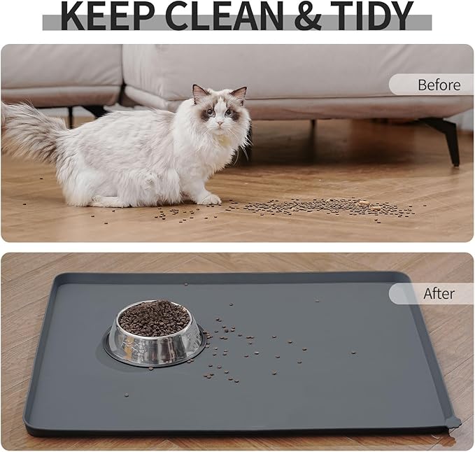 Waterproof Pet Feeding Mat with High Raised Edges, Heavier and Thicker Placemats for Cat Dog Water Bowl with BPA Free, Dogs Cats Food Mats for Messy Drinkers to Prevent Spill and Protect Floors