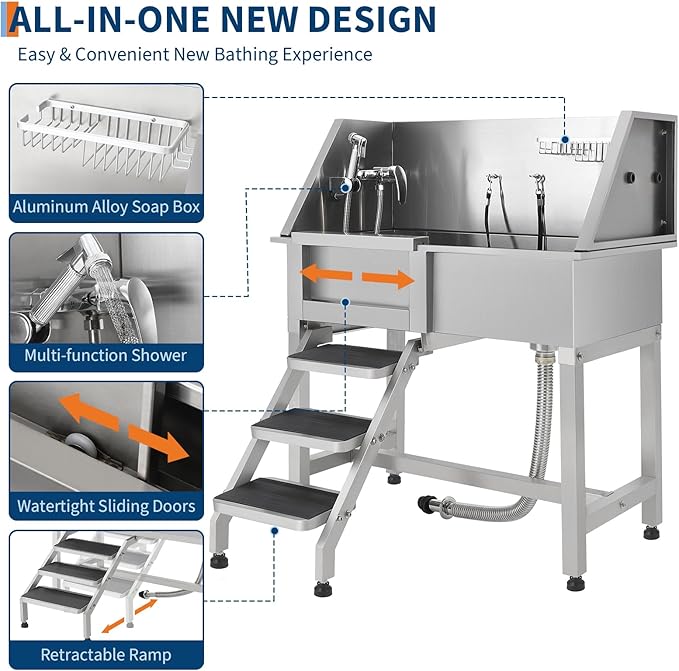 Stainless Steel Dog Washing Station - Dog Bath Tub for Large, Medium, Small Dogs, Pet Grooming Tub with Ramp, Non-Slip Grate, Shower, Soap Box, Faucet, Drain for Home & Outdoor (Left RAMP, 38")