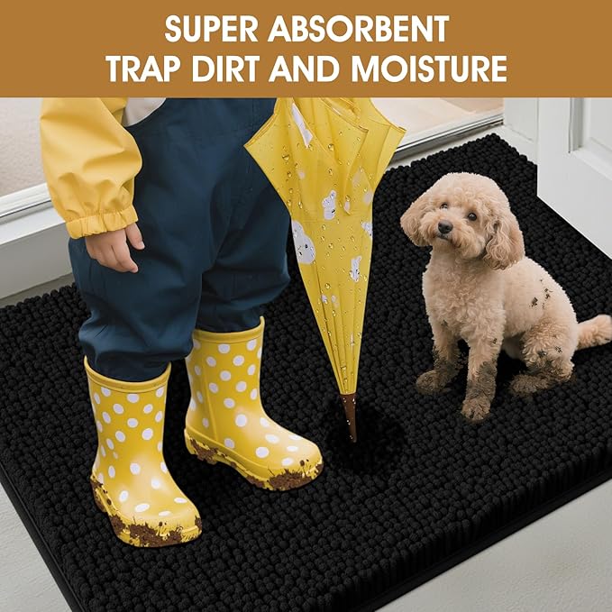 IM HOME Extra Large 60" x 36" Black Dog Door Mats for Muddy Paws, Chenille Absorbent Dog Mat, Non Slip Heavy Mud Mat for Dogs, Soft Pet Bed Mat for Entryway, Mud Paws, Inside Floor