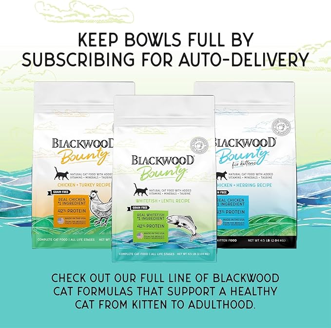 Blackwood Bounty Dry Cat Food, Whitefish & Lentil Recipe for All Life Stages, 10 Pound Bag, High Protein, Grain Free