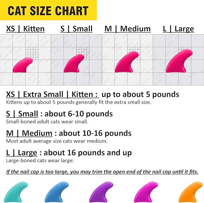 zetpo 100 pcs Cat Nail Caps | Cat Claw Covers | with Adhesives and Applicators (S, Turquoise, Sky Blue, Purple, Rose, Orange Peel)