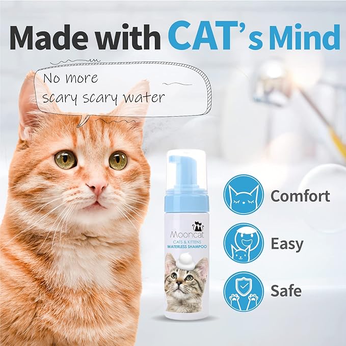 Mooncat Waterless Cat Grooming Bundle β No Rinse Foam Shampoo (5oz) + Cat Ear Cleaning Finger Wipes (40ct) | Licking Safe, pH Balanced, Dry Bath for Sensitive Cats, Removes Ear Wax & Dirt, Daily Pet H