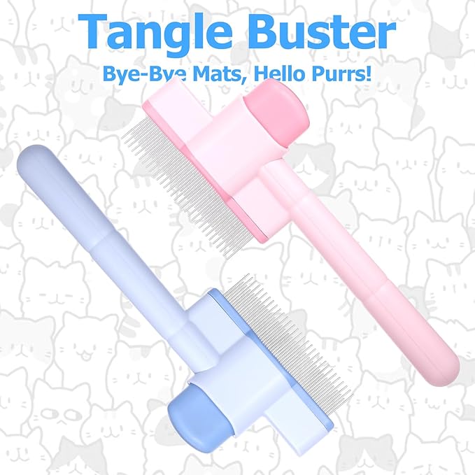 Zen Brush for Cats: Cat Flea Comb & Dematting Comb for Cats - Self-Cleaning Pet Hair Removal Tool with Long & Short Stainless Steel Teeth, Blue Pink