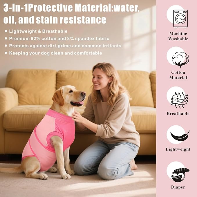 Idepet Dog Recovery Suit Female,Dogs Onesie Suit Surgery Male Breathable Pet Bodysuit for Spay Neuter E-Collar & Cone Alternative Surgical Suit Puppy Abdominal Anti Licking Wounds Shirt (Pink, XL)