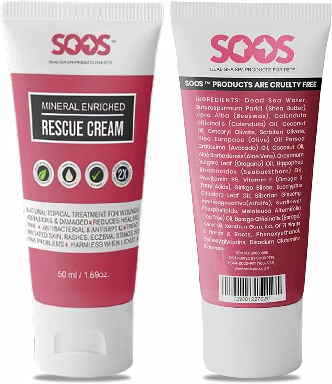 Soos Pets Pet Rescue Cream for Dogs and Cats | Natural Dead Sea Mineral Enriched | Fast Absorbing Reduce Pain | Topical Treatment of Injuries Cuts Sores Wounds Scratches Damaged Skin - 50ml