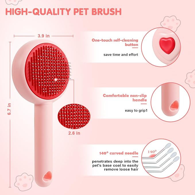 New cat brush&dog brush,pet hair brush with Self Cleaning Button Easy to remove loose undercoat,Needle-tip massage beads, no harm to the skin,Lovely Heart Series(Khaki)