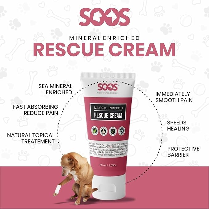 Soos Pets Pet Rescue Cream for Dogs and Cats | Natural Dead Sea Mineral Enriched | Fast Absorbing Reduce Pain | Topical Treatment of Injuries Cuts Sores Wounds Scratches Damaged Skin - 50ml
