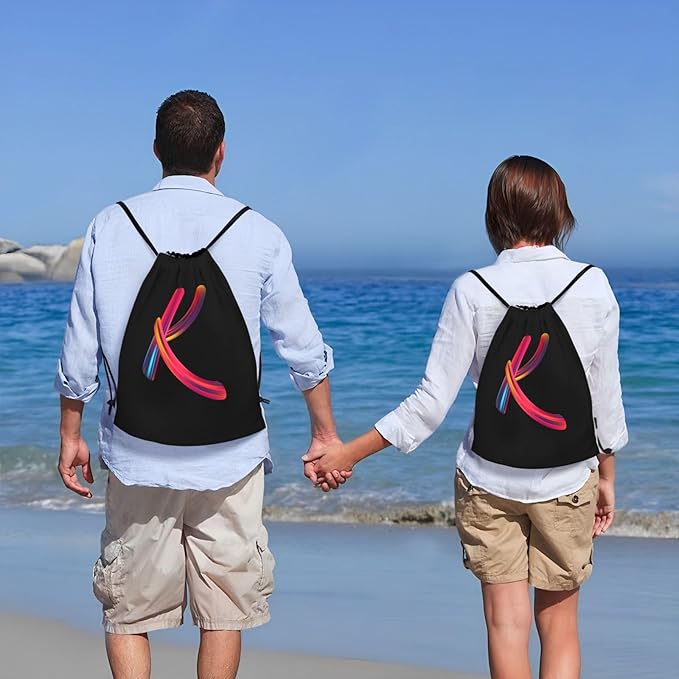Drawstring Bags Initial Drawstring Backpack Sackpack Black Draw String Cinch Bags for Sports, Gym, Travel, Swimming, Beach, Camping, Rainbow Letter K