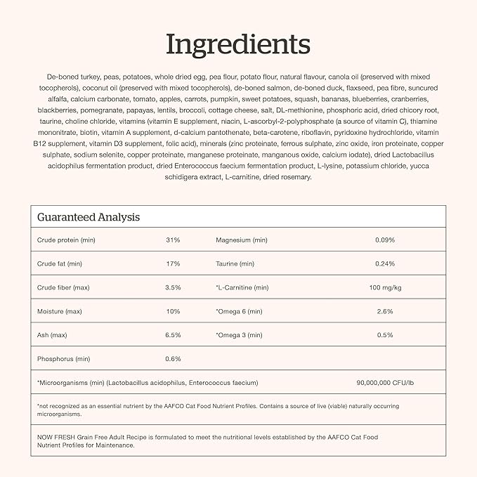 Now Fresh Grain-Free Dry Cat Food with Turkey, Salmon & Duck, Healthy Kibble for Adults Made with Real Meat & Fish, Chicken-Free, with Pumpkin & Probiotics for Sensitive Stomachs, 8 lb Bag