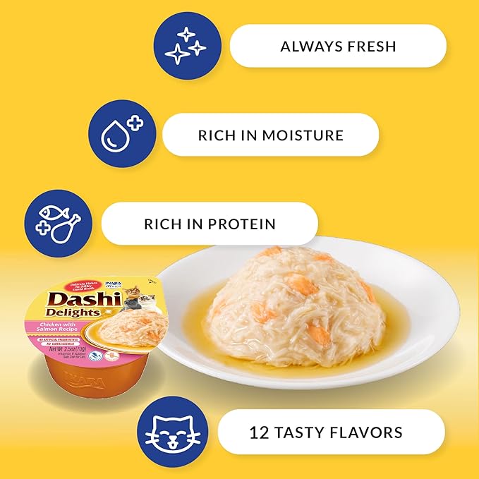 INABA Dashi Delights for Cats, Shredded Chicken with Bonito Flake Broth, 2.5 Ounce Cup, 12 Cups Total, Chicken Variety