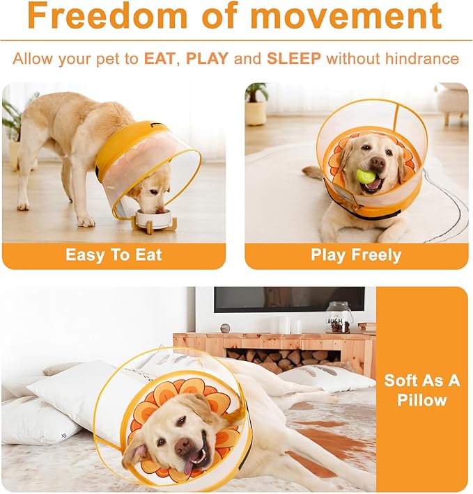 Inflatable Dog Cone Collar with Enhanced Anti-Licking, Soft Neck Donut for Dogs Cats, Recovery Pet Cone Collar After Surgery for Large Medium Small Dogs (Yellow Flower, Medium)