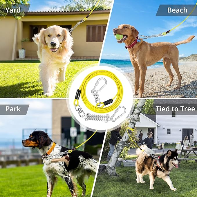 Jenico Dog Tie Out Cable, 10-150FT Runner Cable with Swivel Hook and Shock Spring, Yard & Camping Dog Leash Tether for Small to Medium Pets Up to 500 LBS