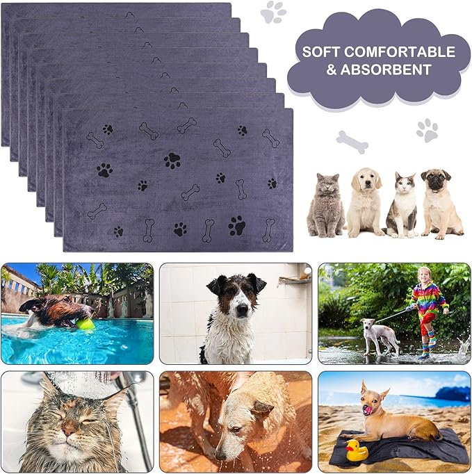 Chumia 8 Pcs Dog Towels for Drying Dogs Cats Pet Towels Bulk Puppy Microfiber Quick Drying Paw Bath Bathing Supplies Absorbent for Medium Pets(Gray,18 x 28 Inch)