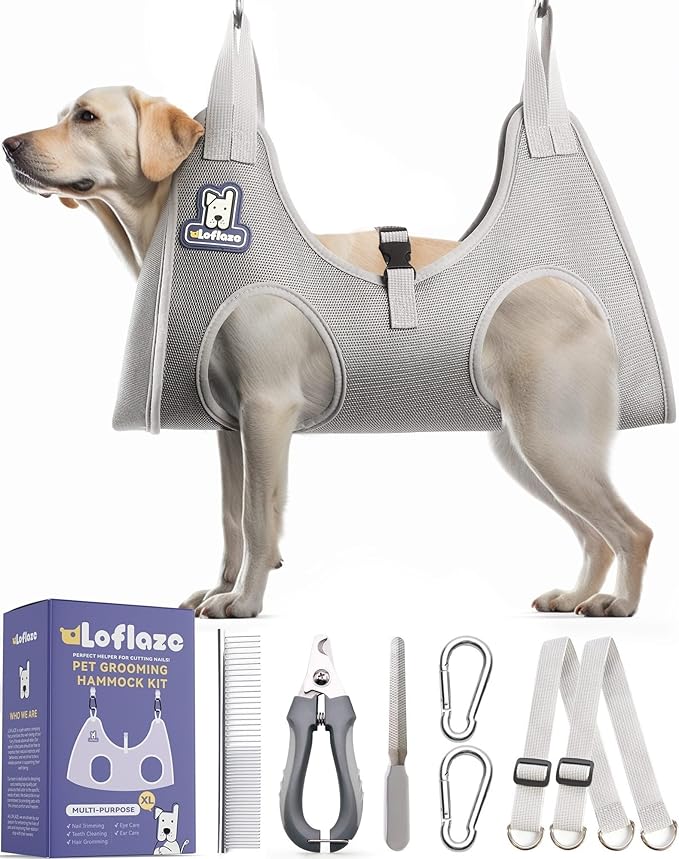 Dog Grooming Hammock Harness for Dogs & Cats with Pet Nail Clipper Trimmer - Cat Hanger Sling for Trimming Clipping Nails- Dog Hammock Restraint Bag for Small Medium Large pet ( Grey XL )