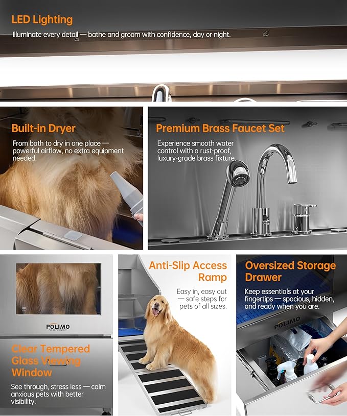 polimo Dog Washing Station with Dryer & LED, Professional Stainless Steel Grooming Tub, Dog Bathtub for Large, Medium & Small Dog, w/Window, Ramp, Drawer, Floor Grate &Fauct (Right RAMP & Dryer, 50")