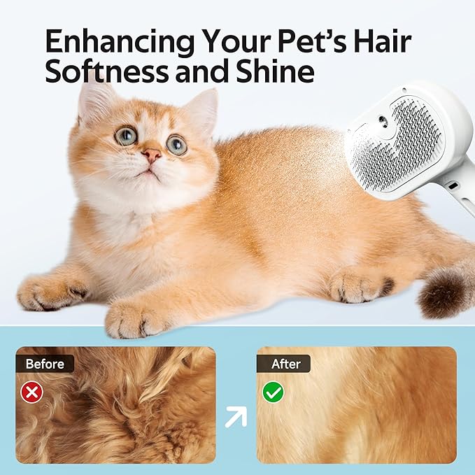 Pet Grooming Brush with Electronic Mist Spray - Gentle Deshedding Tool for Cats & Dogs, Pet Steam Brush,Reduces Shedding, Soft Bristles, Promotes Healthy Coat-Comes with a hair smoothing comb-White
