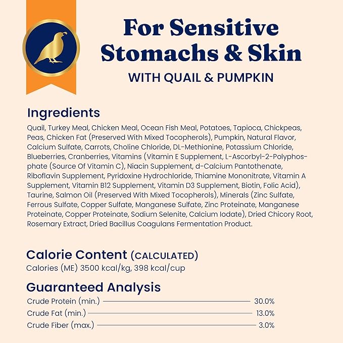 Solid Gold Sensitive Stomach Dry Cat Food - Grain Free & Gluten Free Sensitive Stomach Cat Food for Indoor Adult & Senior Cats - Dry Kibble for Cats w/Quail, Pumpkin & Probiotics for Gut Health - 3lb