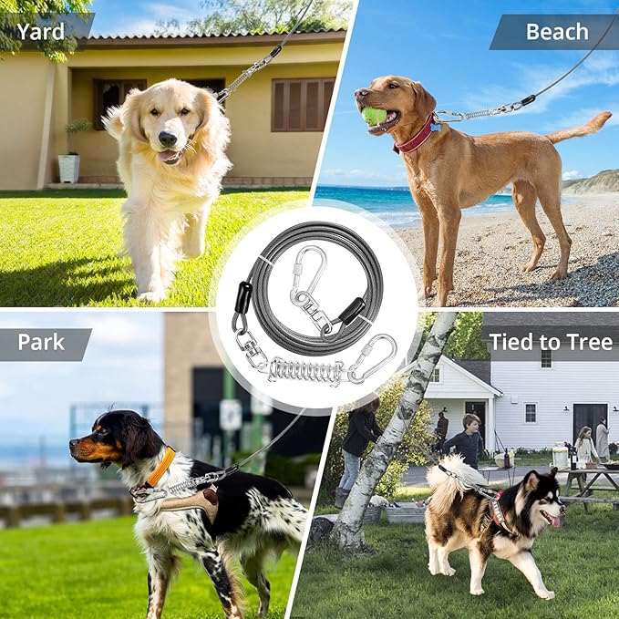 Jenico Dog Tie Out Cable, 10/15/20/30/40/50/70/100/150FT Runner Cable with Swivel Hook and Shock Spring, Outdoor and Camping Dog Leash Run Tether for Small to Medium Pets Up to 500 LBS