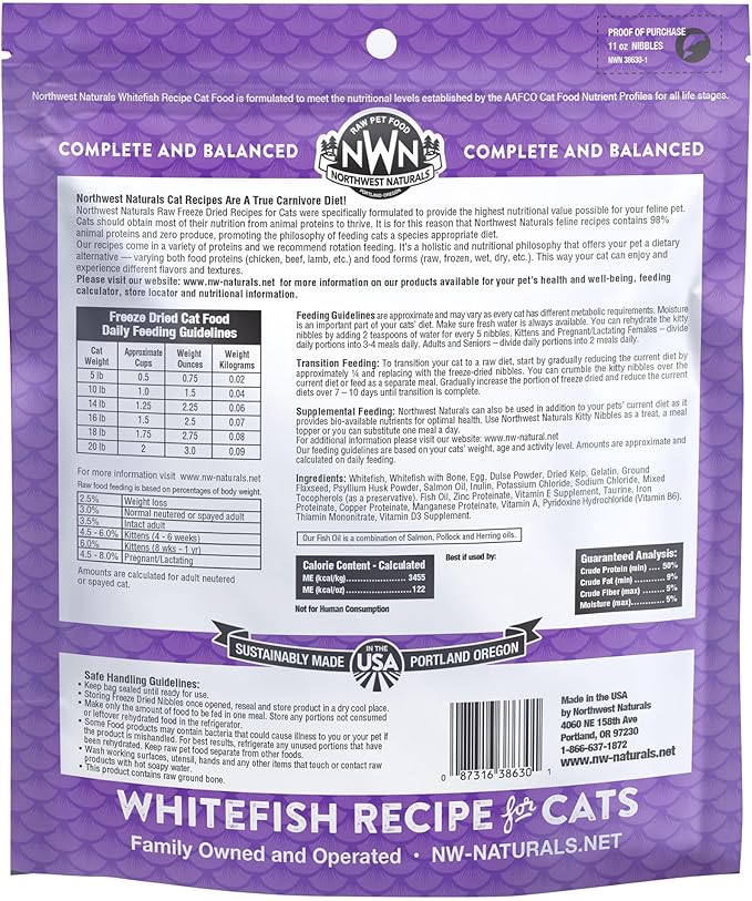 Northwest Naturals Freeze-Dried Whitefish Cat & Kitten Food – Bite-Sized Nibbles, Healthy, Limited, Human-Grade Ingredients, All-Natural, High-Protein Raw Diet, Complete & Balanced, Grain-Free – 11 oz