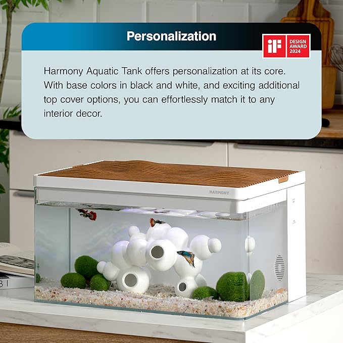 Harmony Aquatic Tank by Clairnara - Harmony Legend - iF Design Award Winning 10 Gallon All-in-One Aquarium (White Tank with Cedar Grain top, Harmony Legend)