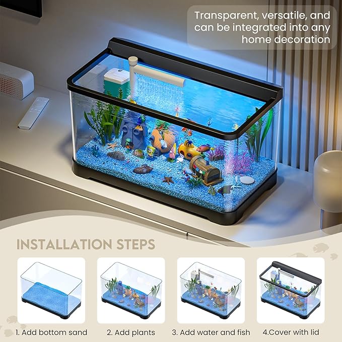 LED Aquarium Fish Tank Kit,(Light + Filter + Green Plants + Blue Sand + Pineapple Houses + Shells) Black, 14 Gallon