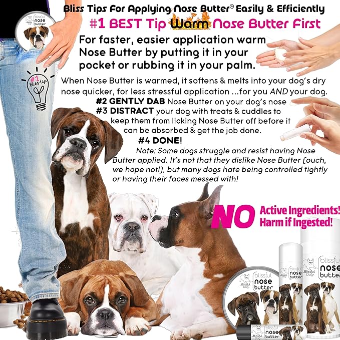 The Blissful Dog Boxer Duo Nose Butter for Dry, Cracked Skin, Lick-Safe Dog Nose Balm with Moisturizing Shea Butter, Almond, Olive, and Essential Oils, Pet Supplies, Uncented, 0.15 oz.