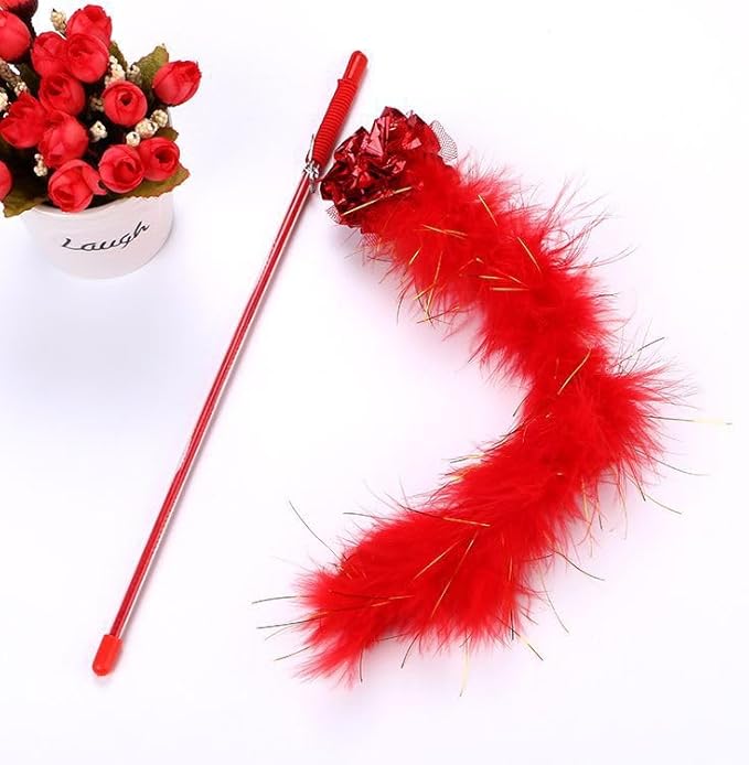 PETCTN Red Cat Teasing Stick Toy - Interactive Stick with Sparkly Feather Boa & Crinkle Ball for Indoor Cat Training & Fun