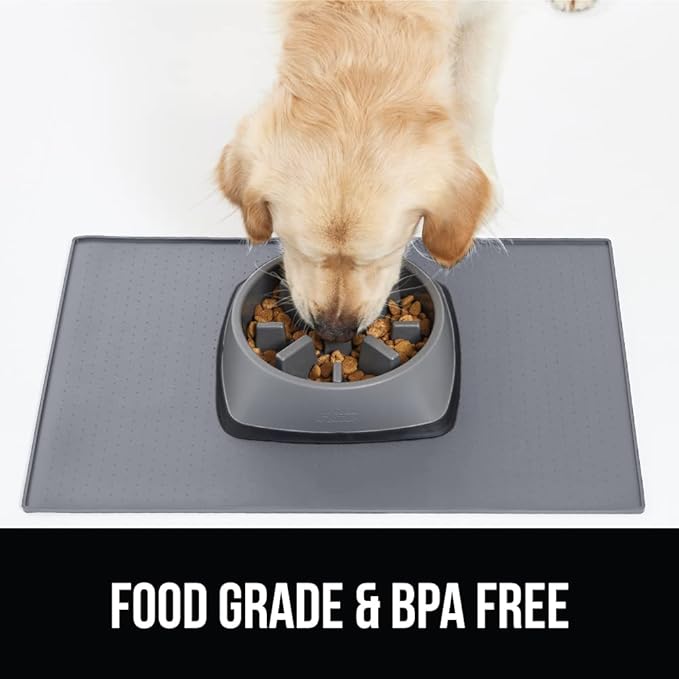 GORILLA GRIP 100% Waterproof Raised Edge BPA Free Silicone Pet Feeding Mat, Dog Cat Food Mats Contain Spills Protects Floors, Placemats for Cats and Dogs Water Bowl, Pets Accessories 18.5x11.5 Gray