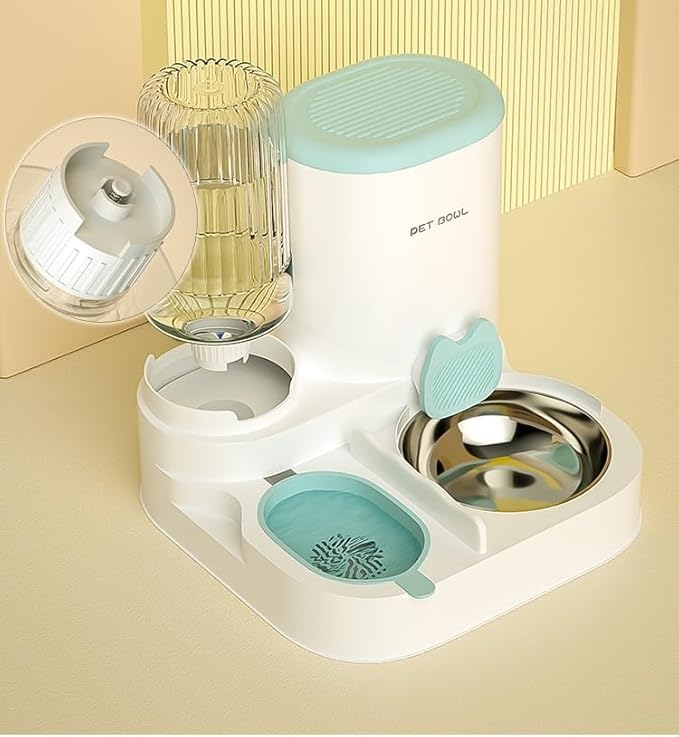 Automatic Cat Feeder & Water Dispenser - Dual Container for Dry/Wet Food, Two-in-One Upgraded Gravity Feeder and Water Dispenser Combo Set for Cats and Dogs.(Green)