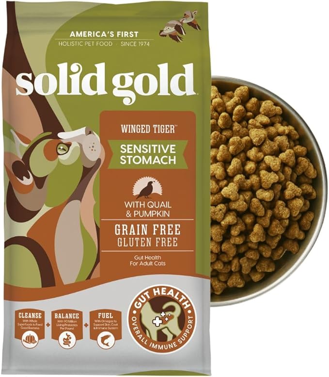 Solid Gold Sensitive Stomach Dry Cat Food - Grain Free & Gluten Free Sensitive Stomach Cat Food for Indoor Adult & Senior Cats - Dry Kibble for Cats w/Quail, Pumpkin & Probiotics for Gut Health - 6lb