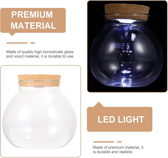 Fish Bowl with LED Light - Small Betta Fish Tank with LED Lighting and Lid Glass Fish Bowl Small Aquarium Glass Terrarium Container Bottle for DIY Landscape, Home Decor