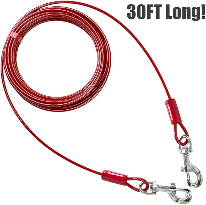 BV Dog Tie Out Cable 30 Feet - Heavy Duty Dog Lead Up to 125 Pounds - Reflective & Rust-Free with Quick Release Swivel Clips & 360° Rotating Clasp - Tangle-Free Dogs Runner for Yard (Red, Pair)