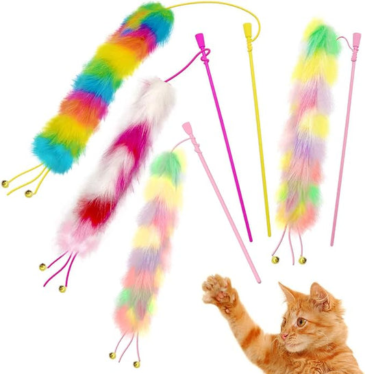 4 Pack Cat Wand Toy, Rainbow Cat Feather Toys with Bells, Teaser Wand with Soft Furry Tail, Interactive Toys for Indoor Cats & Kitten & Kitty