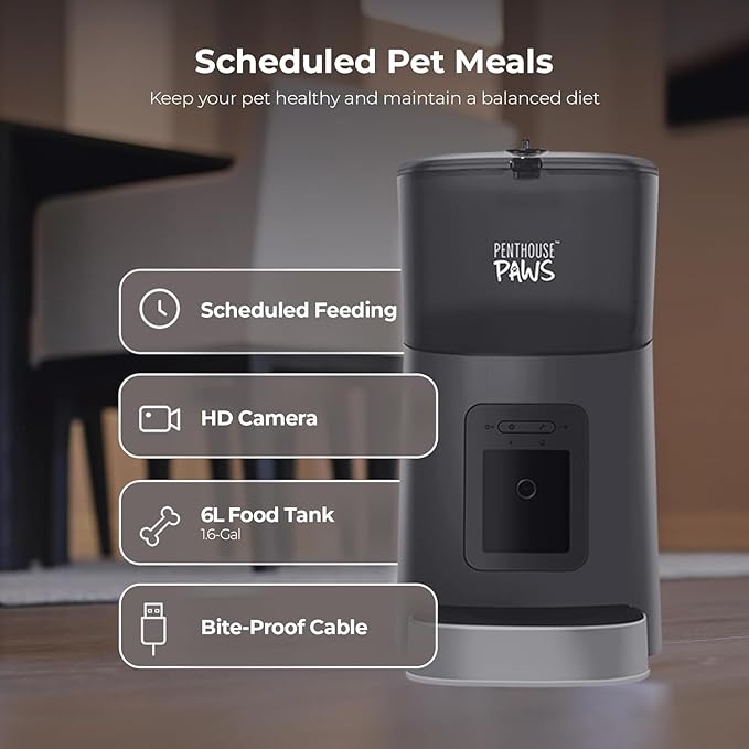 Smart HD Cat Feeder, 2 Way Audio + Voice Recording, Automatic Feeder for Dog with 1080p Night Vision Camera, WiFi App Controlled, Battery Backup, Anti Jam 6L Upto 15 Daily Meals, Black Stainless